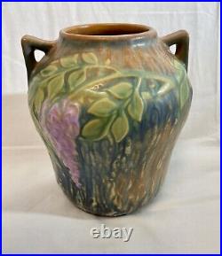 ROSEVILLE WISTERIA 1933 Blue Art Pottery Double Handled Vase #634-7 MINT