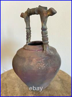 Raku Art Vessel Signed Urn Jar Pottery with Handle American Art Pottery