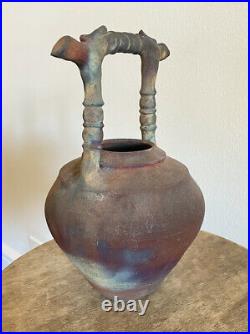 Raku Art Vessel Signed Urn Jar Pottery with Handle American Art Pottery