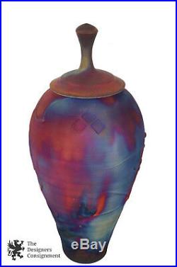 Raku Iridescent Copper Lidded Vessel Signed Art Pottery Ceramic Vase Urn Jar