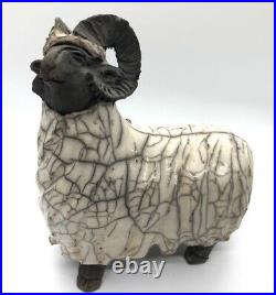 Raku Ram sculpture studio pottery ceramics. Signed. Rare. Aries