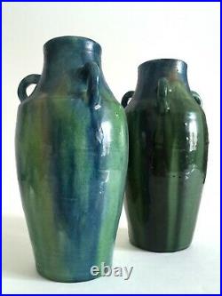 Rare 1930's Belgium Art Pottery Art Deco Nouveau Drip Glaze Ceramic Vases A Pair