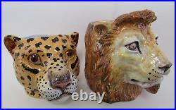 Rare 60's Mid Century Italian Ceramic Leopard & Lion Planters for Neiman Marcus