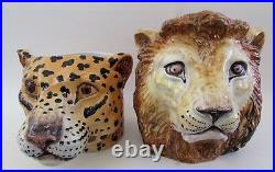 Rare 60's Mid Century Italian Ceramic Leopard & Lion Planters for Neiman Marcus