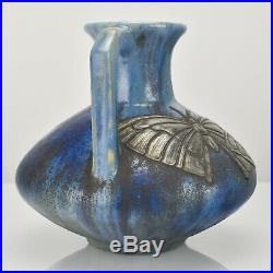 Rare Antique Pottery Vase Pierrefonds Butterfly Pewter Overlay D'Art Promsy