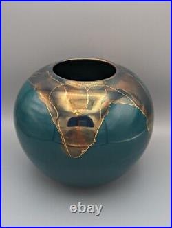 Rare Bruce Fairman Vase 6.75 Studio Art Pottery Signed Green Copper Gold