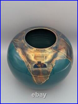 Rare Bruce Fairman Vase 6.75 Studio Art Pottery Signed Green Copper Gold