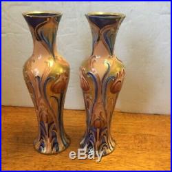 Rare Early 1900's Pair Moorcroft Macintyre Vases Art Nouveau Gold/blue