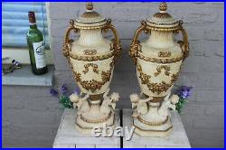 Rare French Antique XL pair terracotta ceramic Putti devil satyr head Vases
