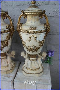 Rare French Antique XL pair terracotta ceramic Putti devil satyr head Vases