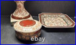 Rare Hand Painted Art Pottery Ceramic Tan Pink Console/Dresser 3 Piece Dish Set