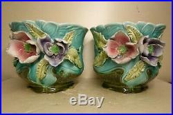 Rare Pair Majolica Raised Flowers Art Nouveau Planters Ceramic Barbotine