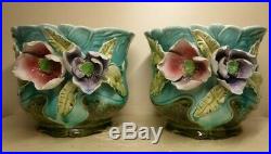 Rare Pair Majolica Raised Flowers Art Nouveau Planters Ceramic Barbotine