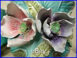 Rare Pair Majolica Raised Flowers Art Nouveau Planters Ceramic Barbotine