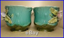 Rare Pair Majolica Raised Flowers Art Nouveau Planters Ceramic Barbotine