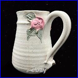 Rare Pottery Pitcher Hand Thrown Plain Ware Ringware Jug Pink Flower Vintage