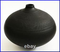 Renee Margolin Studio Art Pottery Black Bisque Ceramic Vase Iridescent Metallic