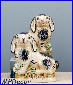 Reproduction Staffordshire Bunny Rabbit Hare Pair Figurine Rabbits Black 8H