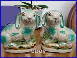 Reproduction Staffordshire Bunny Rabbit Hare Pair Figurine Rabbits Green 8H