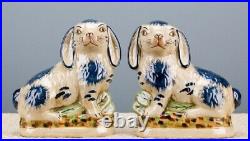 Reproduction Staffordshire Rabbit Bunny Hare Pair Figurines Blue And White