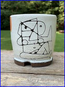 Robert Brady studio pottery origami cup with geometric figurative illustration