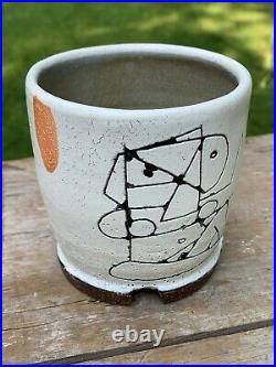 Robert Brady studio pottery origami cup with geometric figurative illustration