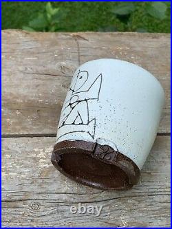 Robert Brady studio pottery origami cup with geometric figurative illustration