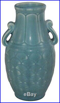 Rookwood Pottery 1930 Matte Blue Art Deco Handled Ceramic Vase 6096