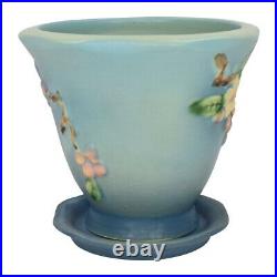 Roseville Apple Blossom 1949 Art Pottery Blue Ceramic Flower Pot Planter 356-5