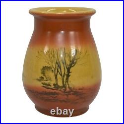Roseville Autumn 1910 Antique Art Pottery Yellow Orange Scenic Ceramic Vase