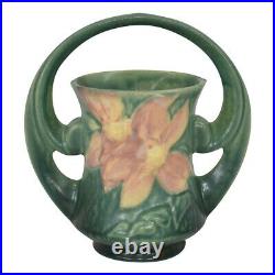 Roseville Clematis 1944 Vintage Art Deco Pottery Green Ceramic Basket 387-7