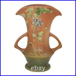 Roseville Columbine 1941 Vintage Art Pottery Brown Handled Ceramic Vase 16-7
