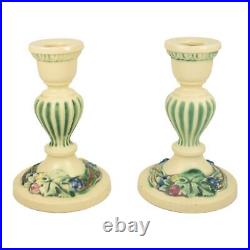 Roseville Corinthian 1923 Vintage Art Pottery Ivory Green Ceramic Candle Holders