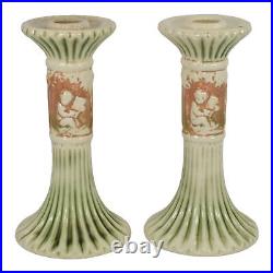Roseville Donatello 1916 Vintage Art Pottery Ceramic Candle Holders 1008-7