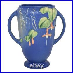 Roseville Fuchsia 1938 Vintage Art Pottery Blue Ceramic Handled Vase 893-6