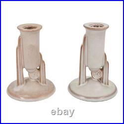 Roseville Moderne White 1936 Vintage Art Pottery Ceramic Candle Holders 1111-4