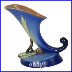 Roseville Pine Cone 1936 Vintage Art Pottery Blue Ceramic Cornucopia Vase 126-6