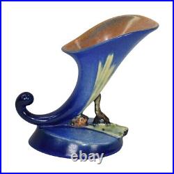 Roseville Pine Cone 1936 Vintage Art Pottery Blue Ceramic Cornucopia Vase 126-6