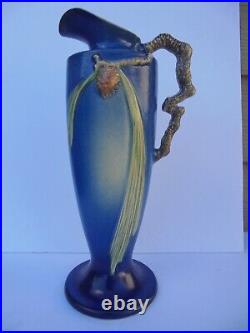 Roseville Pine Cone Blue 1936 Vintage Art Pottery Ceramic Ewer Pitcher 851-15