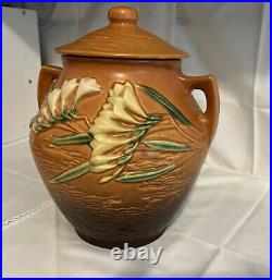 Roseville Pottery Freesia Brown 10.5 Ceramic Cookie Jar #4-8 Withlid Signed