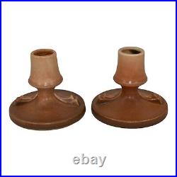 Roseville Rozane Patterns Brown 1941 Art Pottery Ceramic Candle Holders 1144-3