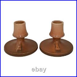 Roseville Rozane Patterns Brown 1941 Art Pottery Ceramic Candle Holders 1144-3