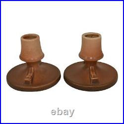 Roseville Rozane Patterns Brown 1941 Art Pottery Ceramic Candle Holders 1144-3