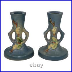 Roseville Snowberry Blue 1947 Vintage Art Pottery Ceramic Candle Holders 1CS2
