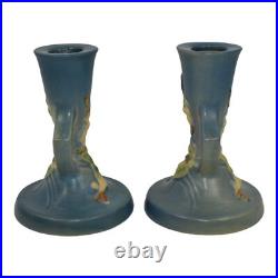 Roseville Snowberry Blue 1947 Vintage Art Pottery Ceramic Candle Holders 1CS2