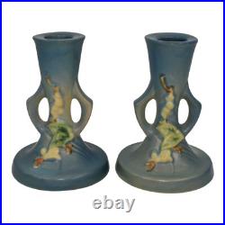 Roseville Snowberry Blue 1947 Vintage Art Pottery Ceramic Candle Holders 1CS2