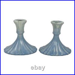 Roseville Tourmaline Blue 1933 Vintage Art Pottery Ceramic Candle Holders 1089-4