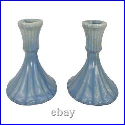 Roseville Tourmaline Blue 1933 Vintage Art Pottery Ceramic Candle Holders 1089-4
