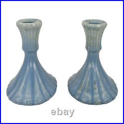 Roseville Tourmaline Blue 1933 Vintage Art Pottery Ceramic Candle Holders 1089-4