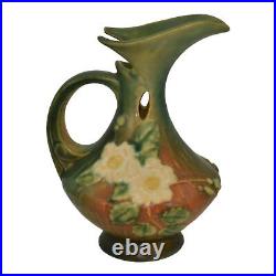 Roseville White Rose Brown Green 1940 Vintage Art Pottery Ceramic Ewer 981-6
